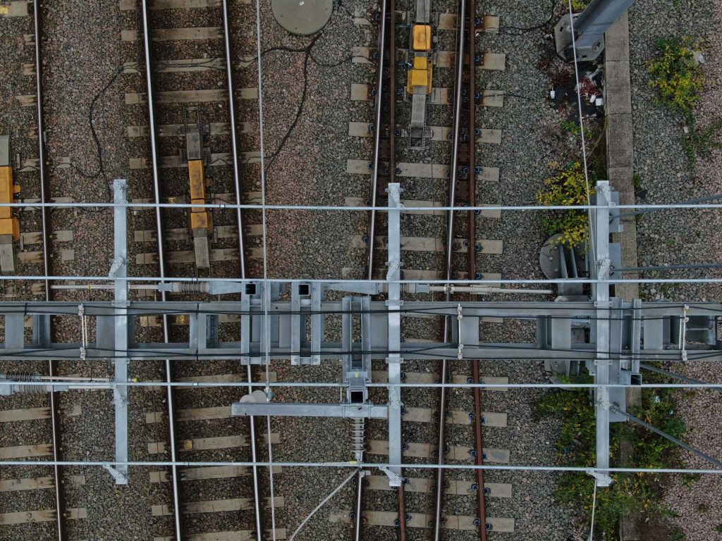 Aerial image of overhead line equipment - Great Western electrification project