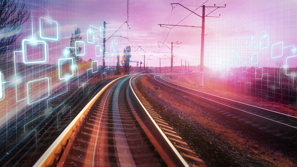 Rail tracks with futuristic graphic overlay